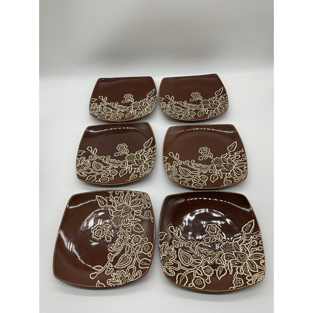 Jaclyn Smith Square 7" Plates Set of 6 Brown Floral Stoneware Salad Dessert